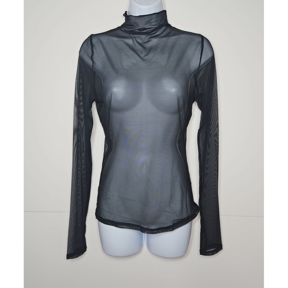 Calia Womens Black‎ Draped Funnel Sheer Mesh Mock Neck Top Size Small NWT